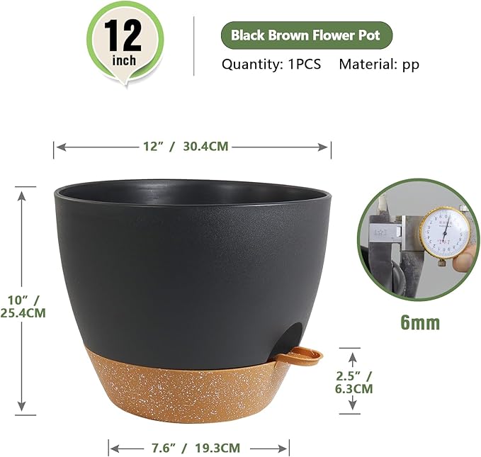 Meowell 12 inch Large Self Watering Pots, Plant Pots with Mesh Drainage Holes for Indoor Outdoor Plants, Plastic Planters with Deep Reservoir for Garden House Flower Plants, Black with Brown