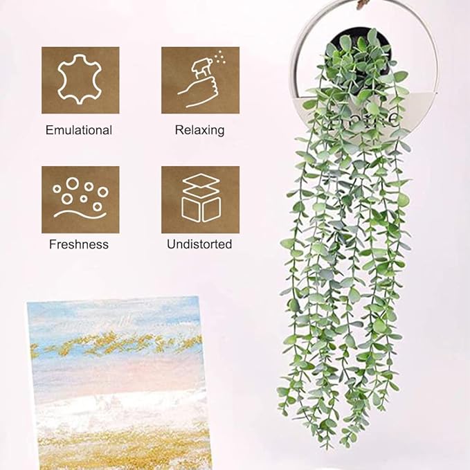 Artificial Hanging Plants, 2 Pack Fake With Pot, Eucalyptus, Indoor Faux Drooping, Potted for Office Desk Living Room Balcony