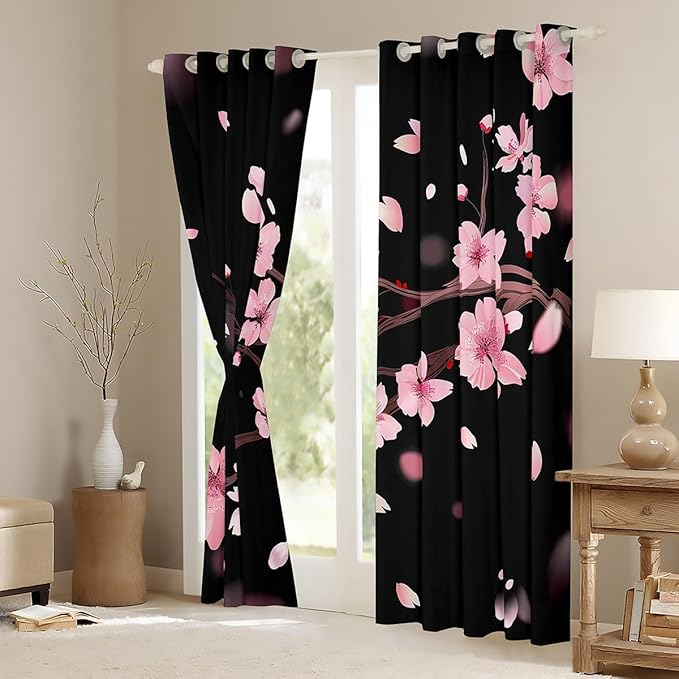 Feelyou Cherry Blossoms Blackout Curtain Japanese Style Curtains for Kids Boys Girls Blossom Floral Window Drapes Botanical Floral Window Treatments 52W X 63L,2 Panels