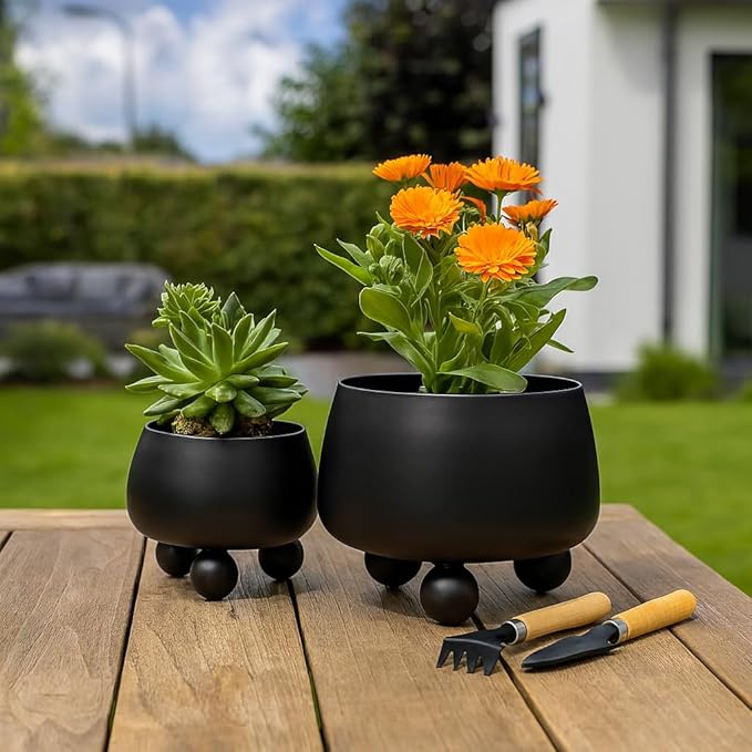 Chic Black Flower Pots and Planters for Indoor Plants Set – Glam Ceramic Planter Set with Modern Design for Home Decor, Orchid Pot, Round Planter, Indoor and Outdoor Planters – 9" & 7", Black