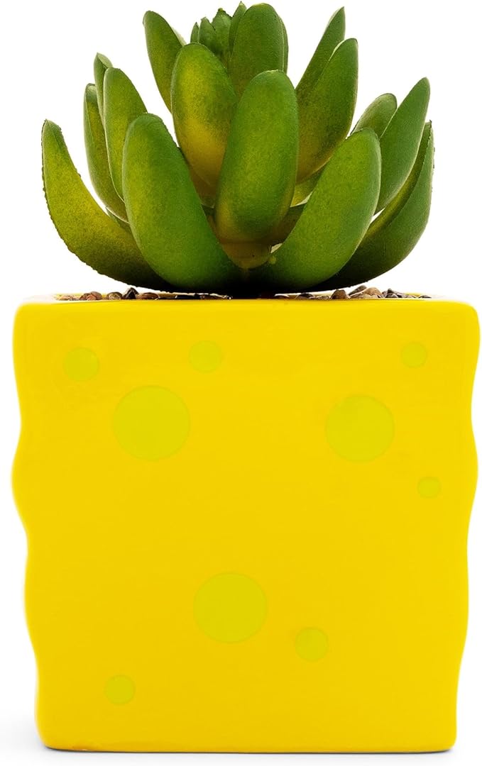 Silver Buffalo Nickelodeon Spongebob Squarepants Face 3-Inch Ceramic Mini Planter with Artificial Succulent | Flower Pot, Faux Indoor Plants