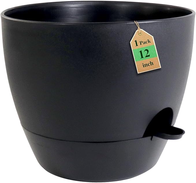 WSMKSZ 12 inch Large Self Watering Pots, Flower Plant Pots with Multi Mesh Drainage Holes for Indoor Outdoor Garden Plants and Flowers, Plastic Planters with Removable Deep Reservoir, Black
