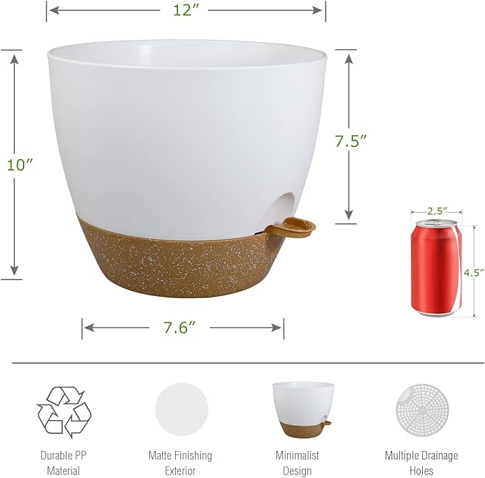 UOUZ 12 inch Large Self Watering Pots, Plastic Planters with 60oZ Removable Deep Reservoir and Multi Mesh Drainage Holes for Indoor Outdoor Garden Plants and Flowers, White with Brown