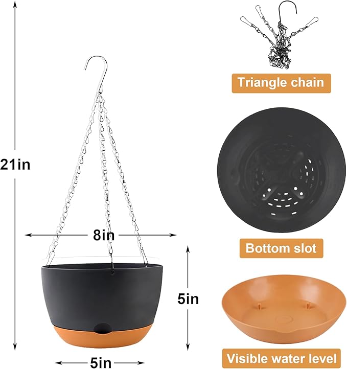 KPUVX 4 Pack Plastic Hanging pots for Plants Indoor,8 Inch Plant Pot Indoor Outdoor Hanging Baskets,Hanging Flower Pots with Drainage Holes and Chain for Garden Porch Plants(Black)