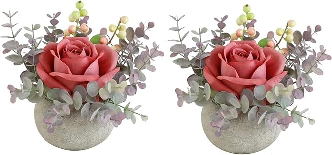 Small Artificial 2pcs Pink Rose Potted Plant, 6" Fake Silk Flowers in 3.5" Round Pot, Mini Faux Floral Arrangement for Desk Shelf Bathroom Decor