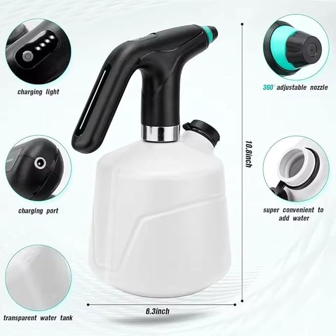 Electric Spray Bottle 2L, 1300mAh Rechargeable Battery Powered Sprayer Watering Can With Adjustable Spout &Extended Nozzle for Outdoor Gardening, Plants & Flowers,Car/window Clean, Fertilizing (White)