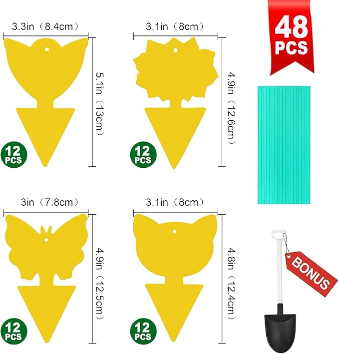 48 Pcs 4 Shapes Yellow Extremely Sticky Traps for Fungus Gnat, Fruit Fly, Fly, Whitefly, Flying Insect Catcher Traps for Houseplants, Kitchen, Indoor/Outdoor, Non-Toxic, Odorless, Pet & Kid Safe