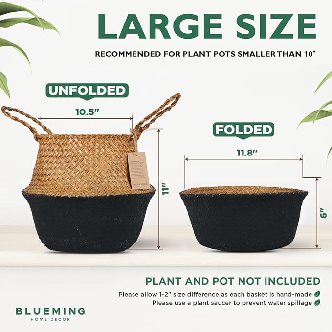 Blueming Large Seagrass Planter Basket – Wicker Planter Pot for Olive Trees, Faux Plants, or Snake Plant, Woven Rattan Planters for Modern Home Decor (Black Bottom, Large)