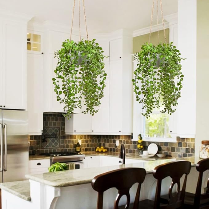 Fake Hanging Plants with Pot, 14'' Faux String of Vine Greenery Artificial Hanging Plant for Indoor Home Office Farmhouse Bathroom Wall Shelf Decor