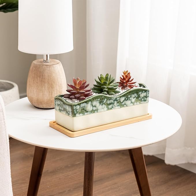 MyGift Rectangular Succulent Planter - Decorative Beige and Green Ceramic Glazed Plant Container Pot with Removable Bamboo Tray