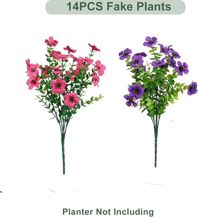 trytuny Artificial Flowers for Outdoor, UV Resistant Fake Silk Flowers, Realistic Faux Plants for Outside Indoor Porch Patio Window Box Planter Home Decor (14, Purple Rosy)