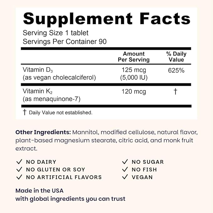 EZ Melts Dissolvable Vegan Vitamin D3 + K2 5,000 IU - Bone & Heart Health Support - Immune Function Support - No Artificial Flavors - Non-GMO - Green Apple - 180 Dissolvable Tablets (180 Servings)