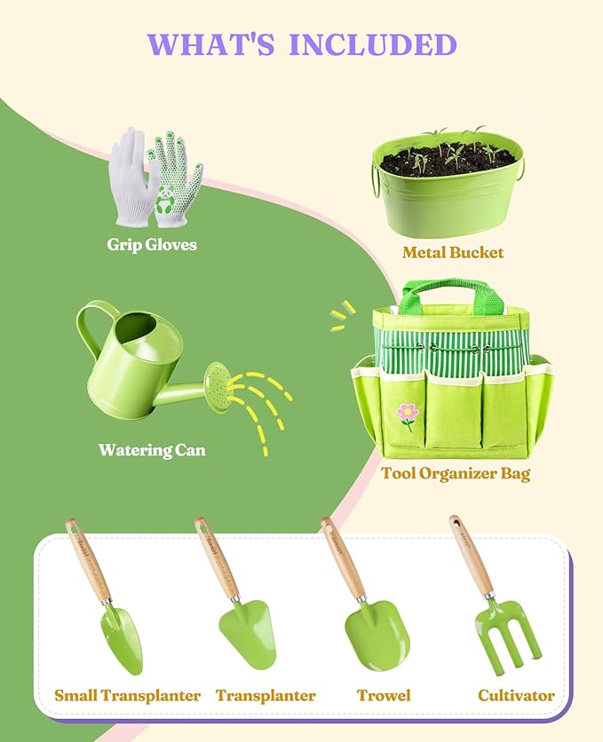 8Pcs Kids Gardening Set with Metal Basket & Real Metal Tools, STEM Outdoor Kit, Ergonomic Wooden Handles, 3 Shovels, Rake, Watering Can, Gloves, Tote Bag, Gift for Toddler Boys Girls, Green