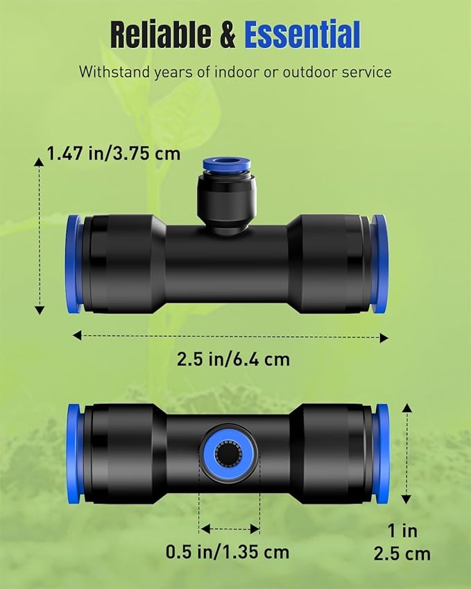 Pawfly 12 Pcs Quick Connect 1/2" to 1/4" Drip Irrigation Fittings for 1/2" Tubing (0.62-0.63" OD), Push-to-Fit 3-Way Reducing Tees Reducer Tee Connectors, Anti-Leak Drip Irrigation Tee Fittings