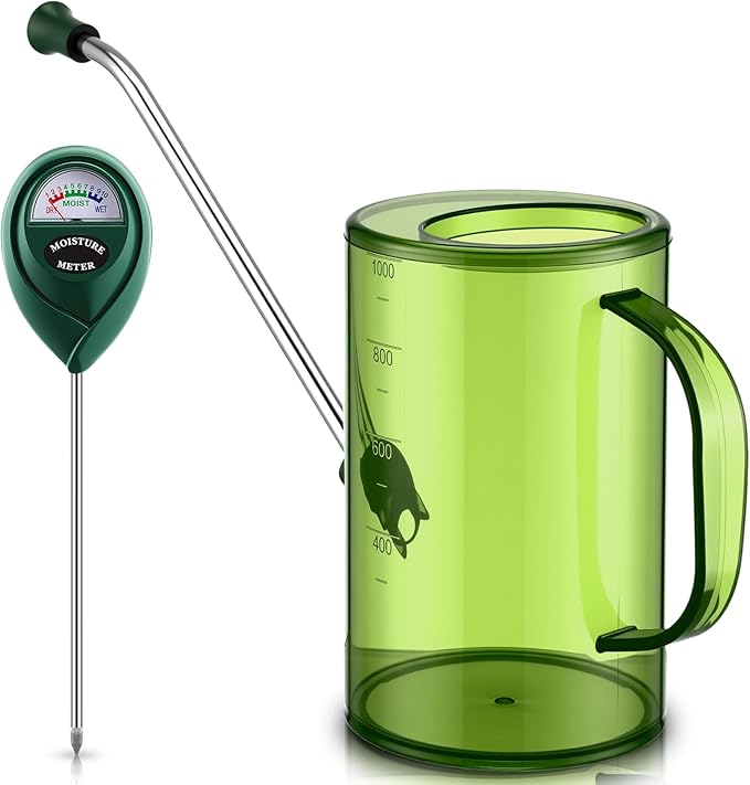 Indoor Plants Watering Can for Indoor Plants Long Probe Soil Moisture Meter Long Spout Watering Cans Water Monitor Indicator for Pot Flower House Gardening Farming (Green,1 L,Cylindrical)