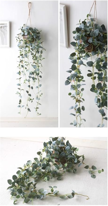 Artificial Plastic Plant Vine Small Hanging Basket Ornament for Indoor Walls, Shelves, Cabinets, Kitchens, Studies, Desks, Living Rooms 3.5-Inch Basket (Leaf B)
