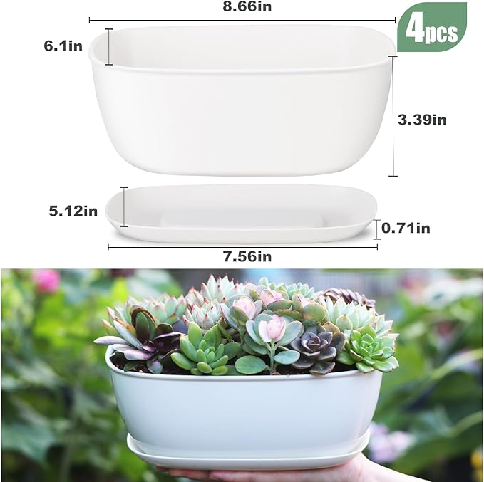 Oliz Set of 8 White Oval Shallow Herb Garden Planters with Drainage Holes and Trays (8.66 Inch) Plant Pots for Herbs Basil Orchids Succulents, Modern Herb Garden Planter for Indoor/Outdoor Plants