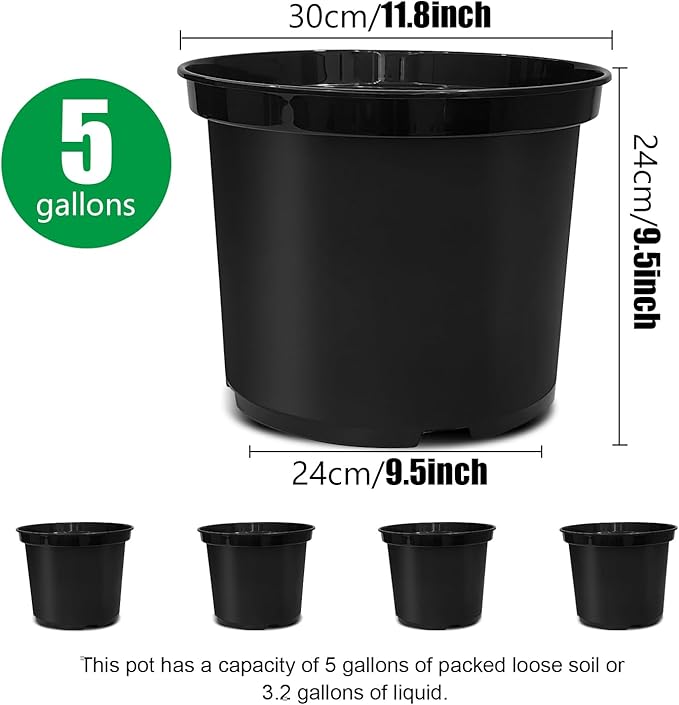 RooTrimmer 5 Gallon 12 Inch Plastic Nursery Pots, Plant Containers with Drainage Holes, Round Sturdy Garden Planters for Indoor/Outdoor Greenery, Gardening Gifts for Women (5-Pack, Black)
