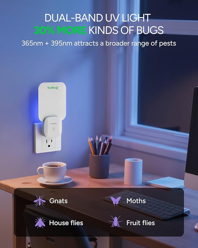 Buzbug Fly Trap Indoor, Plug-in Flying Insect Trap, Fruit Fly Traps for Indoors, Plug in Bug Trap, Gnat Trap for House Indoor, Bug Catcher for Gnat Moth Mosquito, 1 Device + 10 Refills Glue Cards
