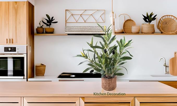 Indoor Fake Olive Plant 12 inch Faux Silk Leaves with Black Rustic Planter Medium Size Perfect Artificial Olive Fruits with Realistic Trunk and Lifelike Stems for Home and Office Decor