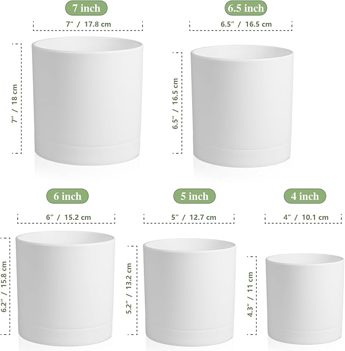 Meowell 7/6.5/6/5/4 inch Flower Pots, 5 Pack Cylinder Plant Pots for Small Indoor Outdoor Plants, Plastic Planters with Drainage Holes and Saucers for Garden Succulent Nursery House Plants, White