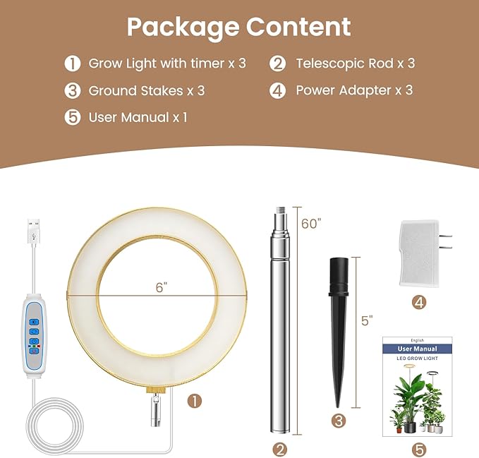 Kullsinss Grow Light, Full Spectrum LED Plant Lighs for Indoor Growing with 6/12/16H Timer, 3 Color Modes, 5 Brightness, 10"-60" Height Adjustable Plant Grow Lamp for Tall Indoor Plants (3 Pack)