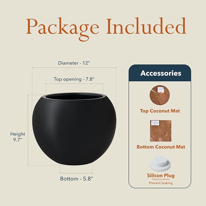 KUTE NEST 9.7" H x 12" D Premium Globo Fiberstone Round Planter with Drainage Hole, Smooth Finishes, Weather Resistant for Indoor and Outdoor Use, Included 2 Extra Coco Mats (Black, 7.8" Pot Opening)
