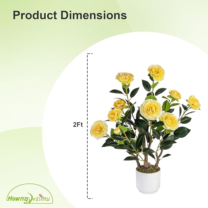 2 Pack Artificial Camellia Tree with White Pot, 24" Faux Potted Plants for Indoor Outdoor Decor, Tall Silk Greenery Plant for Home Office Living Room Balcony, Yellow