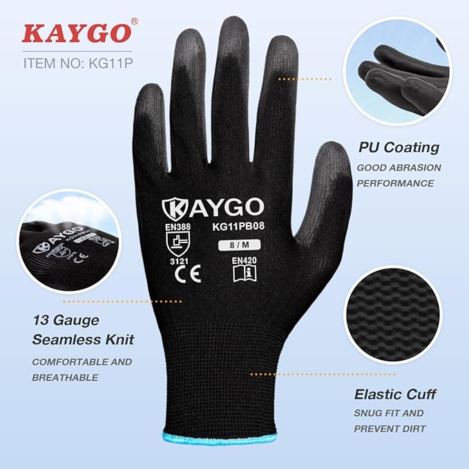 KAYGO Work Gloves for Men and Women,12 Pairs Seamless Knit PU Coated Safety Gloves, with Smooth Grip on Palm and Fingers, Ideal for Light Warehouse, Manufacturing, Gardening, KG11P (XL, Black)
