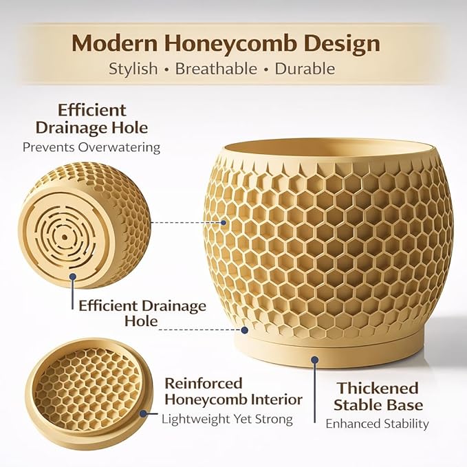 Plant Pots, Modern 3D Printed Honeycomb Planters for Indoor Plants, 4.7/6/8/10 Inch Wood Decorative Flower Pot for Office Desktop, Bookshelf & Home Decor, Lightweight & Durable.