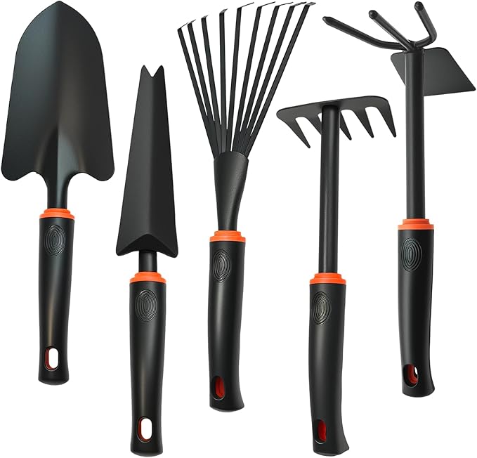 Garden Tool Set, Heavy Duty Gardening Tool Set with Ergonomic Handle, Rake Shovel Hand Hoe Double-Sided Cultivator Weed Puller Tool Set for Digging, Transplanting, Weeding (5Pcs Set)