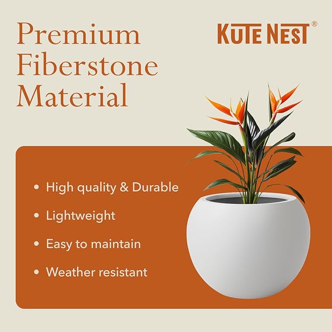KUTE NEST 9.7" H x 12" D Premium Globo Fiberstone Round Planter with Drainage Hole, Weather Resistant for Indoor & Outdoor Use, Included 2 Extra Coco Mats (Light French Gray, 7.8" Pot Opening)
