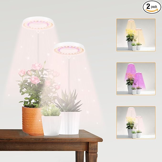 GooingTop LED Grow Light, Halo Plant Growing Lamp for Indoor Plants Growth, White Full Spectrum Low Light for Small Plants,Upgrade Timer 4/8/12/18 Hrs & Variable Spectrum,2 Pack