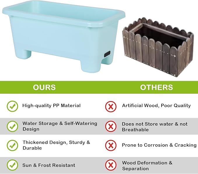 Oliz Self-Watering Rectangle Planter Boxes 8-Pack, 15.7-Inch Window Box Planter with Drainage Holes & Trays, Pots for Vegetables, Herbs, Flowers, Garden Windowsill Balcony (Sky Blue)