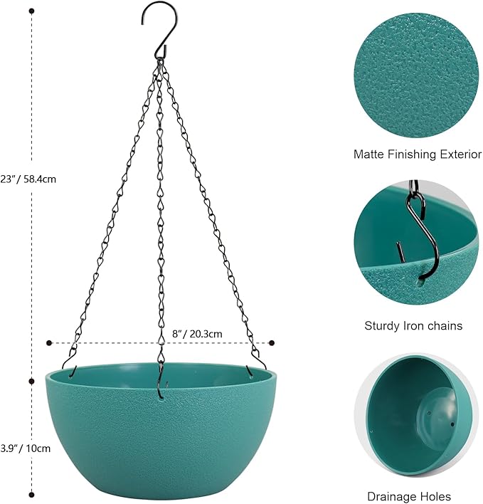 Meowell 8 inch Small Hanging Planters Plant Pots for Indoor Outdoor Plants, 2 Pack Hanging Flower Pots with Drainage Holes and Chain for Garden, Plastic Hanging Baskets for House Plants, Blue Green