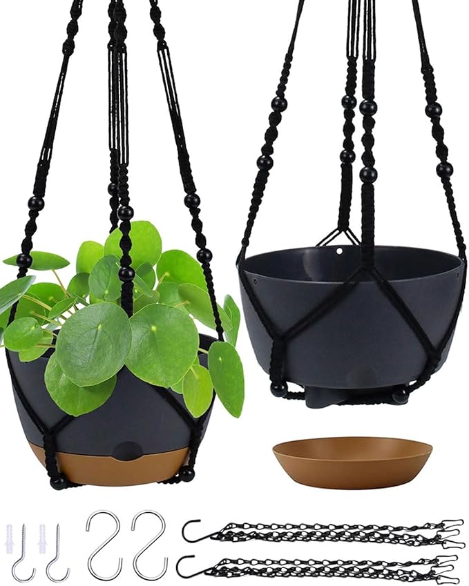 Koalaime 2 Pack Hanging Planters Set,10 Inch Indoor Outdoor Hanging Plant Pot Basket,Hanging Flower Pot with Drainage Hole with 3 Hooks for Garden Home… (Black Hanger Black Planters)