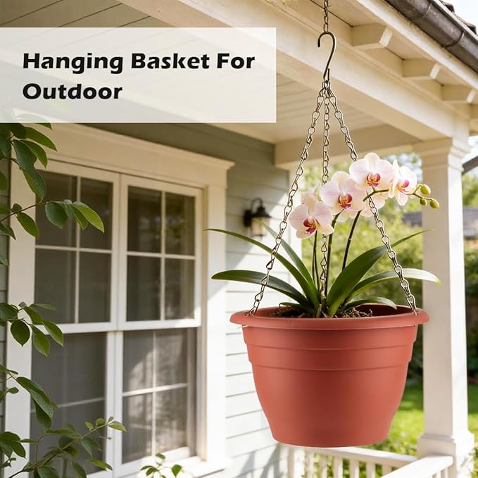 RooTrimmer Hanging Planters 10 Inch, 4 Pcs Flower Pots with Drainage Hole, Self Watering Hanging Basket for Indoor Outdoor Plants, Decor, Pottery Red