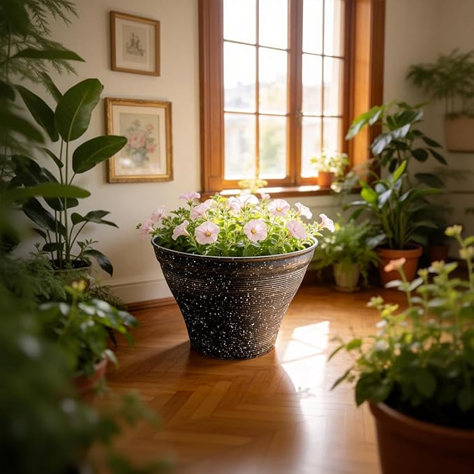 RooTrimmer 15.7 Inch Plant Pots 4 Pack, Large Planter Pots for Plants Indoor Outdoor, Sturdy Plastic Flower Pots with Drainage Hole, Retro Decorative Garden Pots, Plant Containers for House, Black