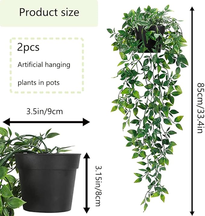Artificial Hanging Plants, 2pcs artificial plants indoors in pots, Greenery Fake Plants Decor, Small Artificial Plants in Pots, Fake Potted Plants, Faux Plants for Wall Home Room Office Decor