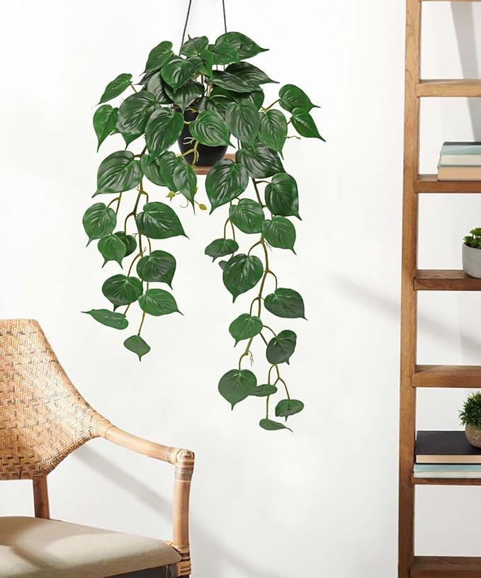 GnFlus Fake Ivy Plant with Pot Artificial Pothos Leaves Featuring a White Frosted Finish for Home Shelf Decor Indoor Silk Artificial Realistic Plant Large