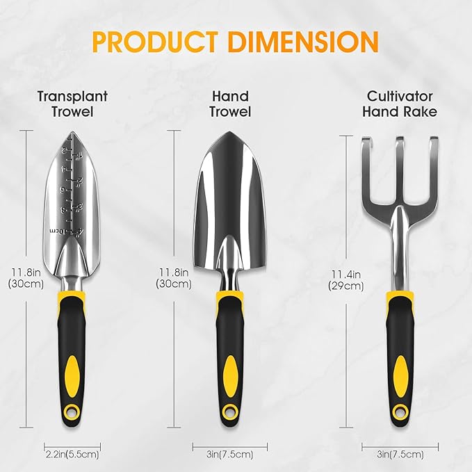 iPower Garden Tool Set, 3 Piece Aluminum Heavy Duty Gardening Tools Include Hand Trowel, Transplant Trowel and Hand Rake, Rubberized Non-Slip Handle, Garden Gifts for Women and Men