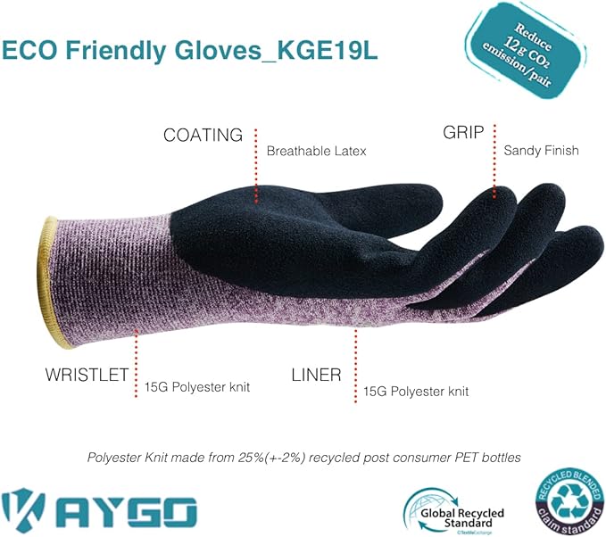 KAYGO Work Gloves for Women, Eco Friendly Safety Work Gloves with Breathable Rubber Coated, KGE19L,3 Pairs