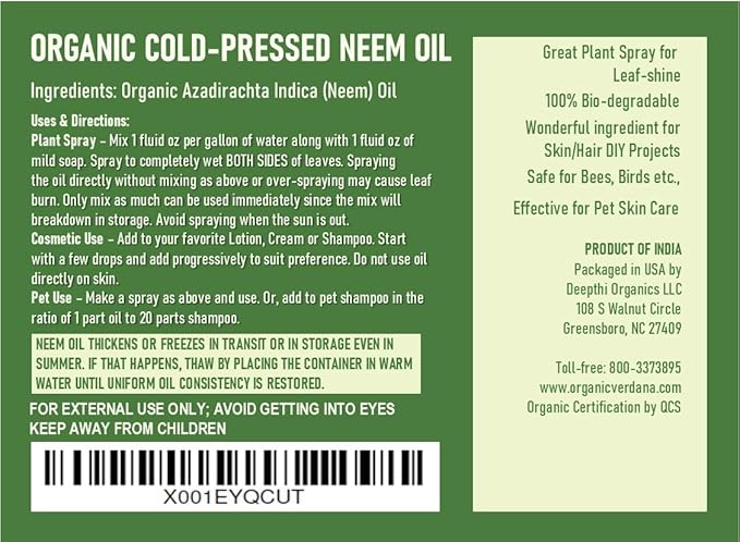 Verdana Organic Neem Oil – Cold Pressed, 100% Pure Neem Seed Oil, Concentrated Multi-Purpose Oil for Skin, Hair & Plant Use, No Additives - 16 Fl Oz