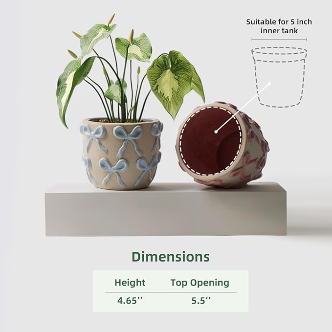 Ceramic Flower Pots for Indoor and Outdoor Plants, Succulent Orchid Round Clay and Terracotta Planter for Garden Home Modern Decoration 5.3 Inch (Pink Bow, Without Saucers)