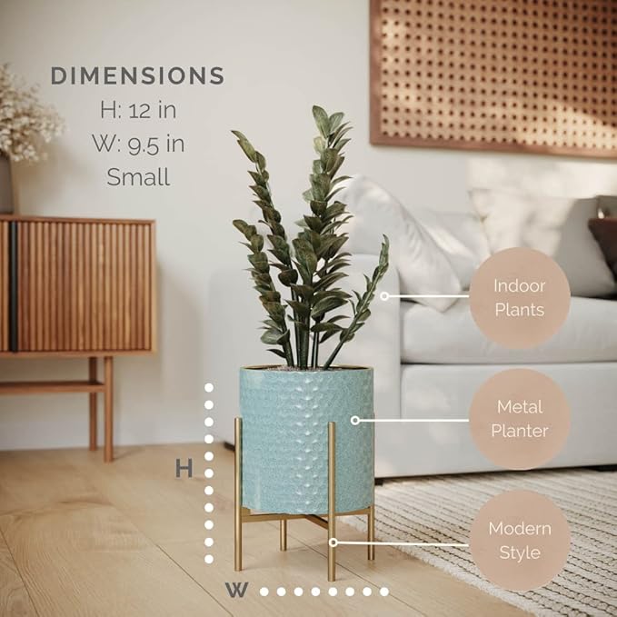 EverNest Mid-Century Modern Rhys Honeycomb Embossed Planter Pot with Loki Gold Stand, Metal Indoor Plant Pots, Blue Green Bohemian Style (Small 1 Gallon)