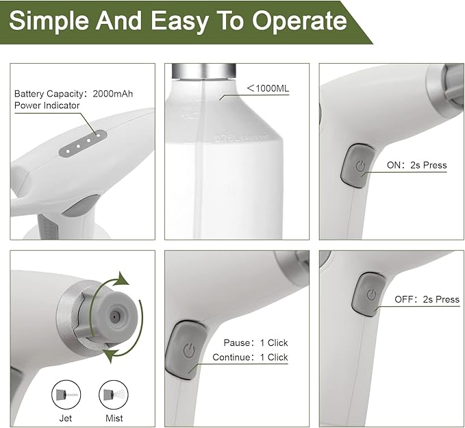 Electric Spray Bottle, Plant Spray 0.26 Gallon with Adjustable Nozzle for Garden, Indoor and Outdoor Plant, Also Works as Automatic Sprayer Mister
