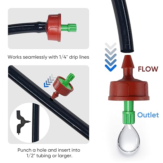 0.25 GPH Pressure Compensating Drippers for Garden System: Self-Cleaning Constant Flow Drippers for 1/4 Inch Drip Irrigation Tubing - Drip Irrigation Emitters for Drip Irrigation System Users (30pcs)