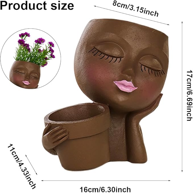 Lady Face Resin Planter Pot - Dual Planting Spaces & Drainage Holes, Indoor/Outdoor Decor for Succulents/Cactus - Unique Gift for Plant Lovers (Brown)
