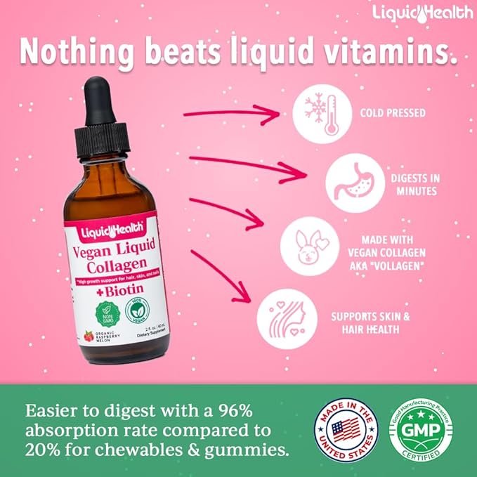 LIQUIDHEALTH 100% Vegan Collagen Plus Biotin 100,000mcg Liquid Drops - Plant-Based Liquid Collagen for Women & Men - Hair & Nail Growth, Skin Health, Boosts Metabolism - Made in USA, Non-GMO (2 oz)