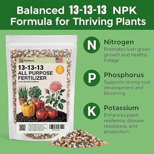 Gardenera 13-13-13 Slow Release Granular Fertilizer – All Purpose Plant Food 13 13 13 for Outdoor Grass, Vegetables, Roses, Flowers, Shrubs, Trees. Lawns, Gardens, Potted Plants (5 Quarts)